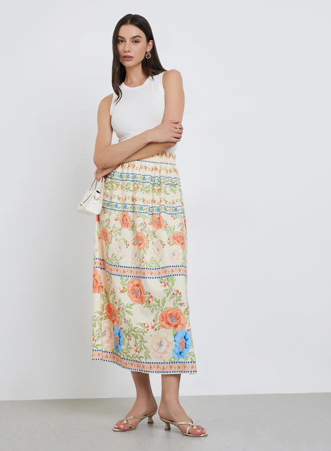 Take Two Take Two Floral Print Elastic Waist A-Line Midi Skirt