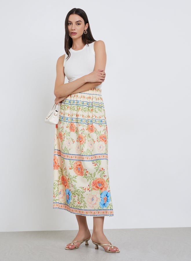 Take Two Floral Print Elastic Waist A-Line Midi Skirt - Image 2