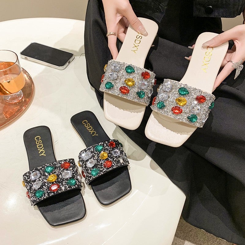 Oversized Colorful Gemstone Flat Slippers 2025 Summer Fashion Beach Slippers Women'S Slipper - Image 5
