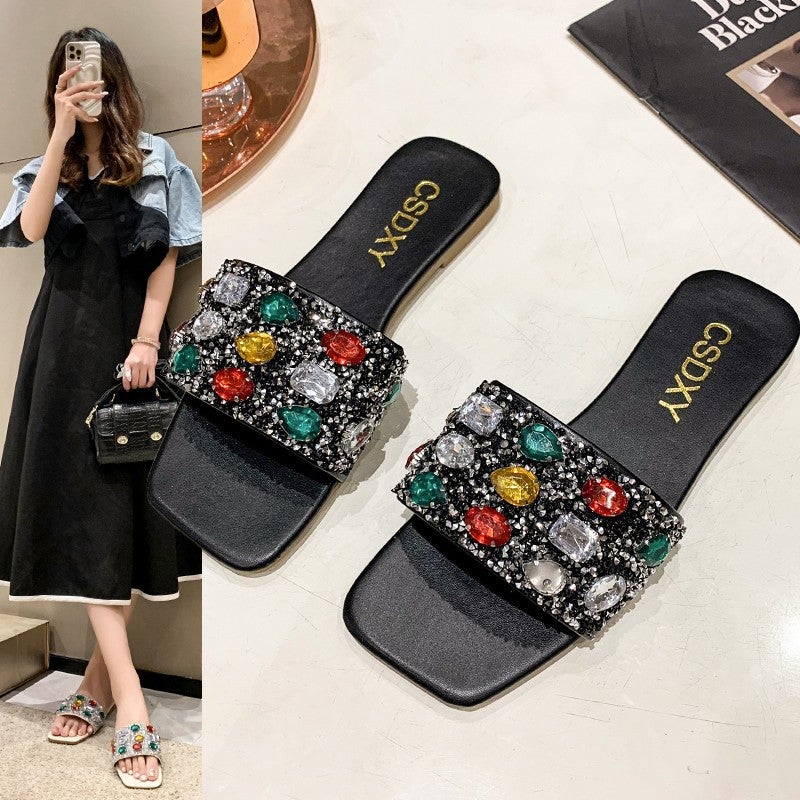 Oversized Colorful Gemstone Flat Slippers 2025 Summer Fashion Beach Slippers Women'S Slipper - Image 4