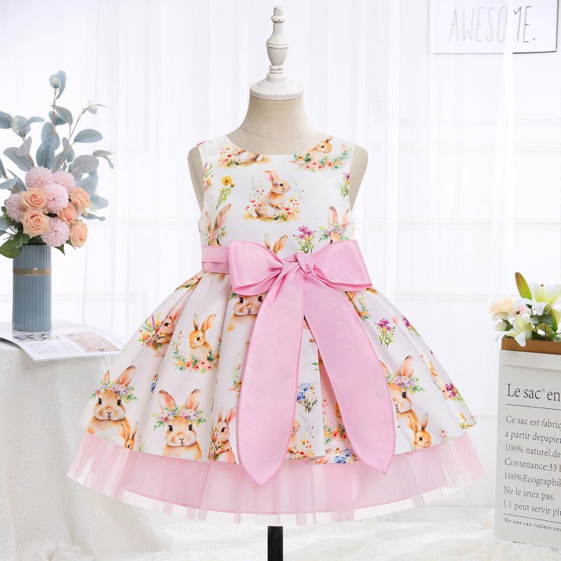 IBAKOM Baby Girl 2t 3t 4t 5t Bunny Easter Tulle Dress with Big Bow Toddler Sleeveless Smocked Back 1st Birthday Outfits Kids Flower Girl Summer Formal Pageant Dress Ball Gown Pink Bunny 18-24 Months - Image 2