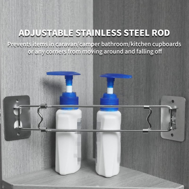 Shower Bar: Silver Stainless Steel, Adjustable Length 24.5cm-37.8cm, Rust-resistant Material - Rotatable Base, Tool-free Adhesive Installation for RV Camper Bathroom Organization - Image 3