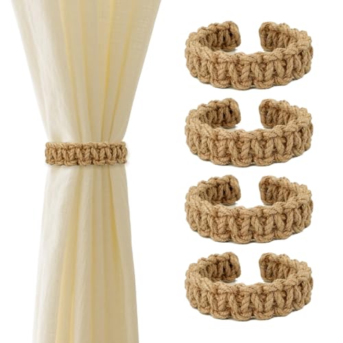 EQUNROY Outdoor Curtain Tiebacks, Curtain Ties (4 Pack) - Boho Braided Farmhouse Rustic Flexible Rope Drapes Holder, Burlap Elegant Light Curtain Holdback for Home Bedroom Office Decorative - Image 1