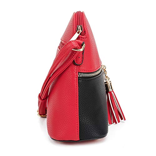 SG SUGU Lunar Lightweight Medium Dome Crossbody Bag Shoulder Bag with Double Tassels | Zipper Pocket | Adjustable Strap|Red/Black - Image 3