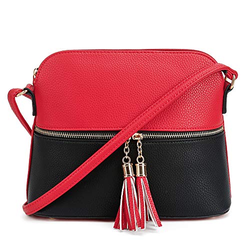 SG SUGU Lunar Lightweight Medium Dome Crossbody Bag Shoulder Bag with Double Tassels | Zipper Pocket | Adjustable Strap|Red/Black - Image 4