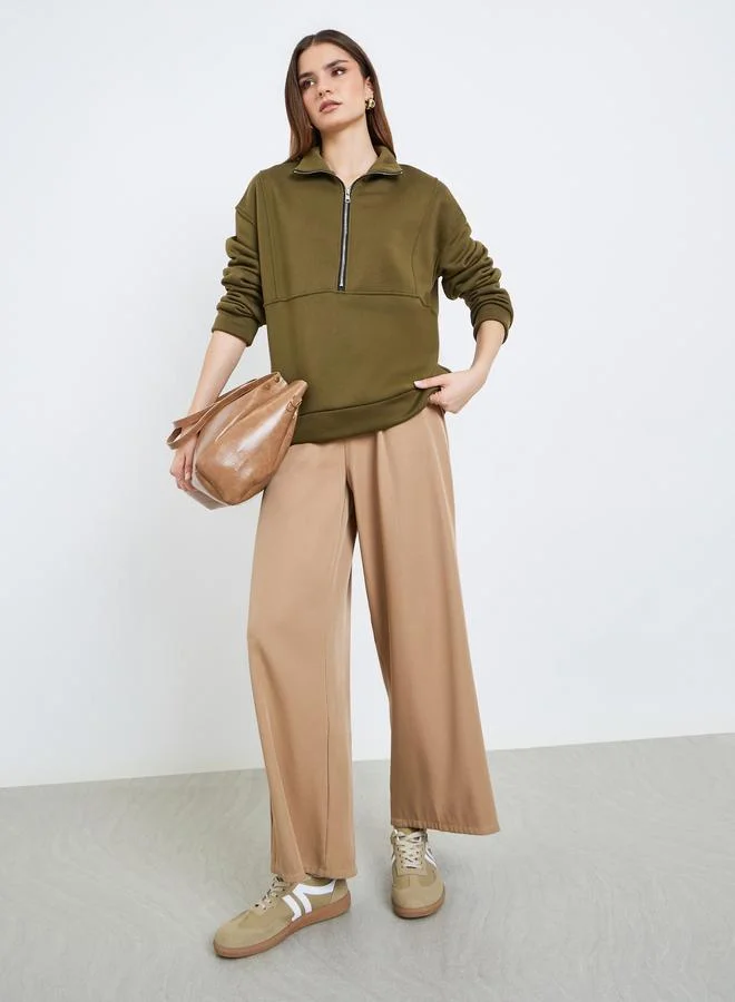 Styli Women Olive Green Zip-Neck Sweatshirt