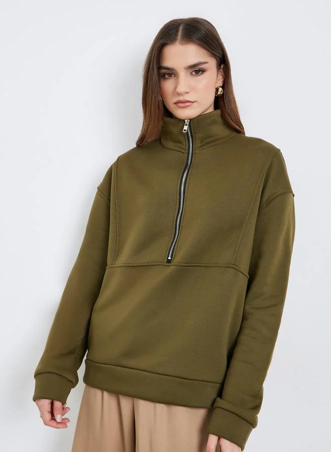 Styli Women Olive Green Zip-Neck Sweatshirt