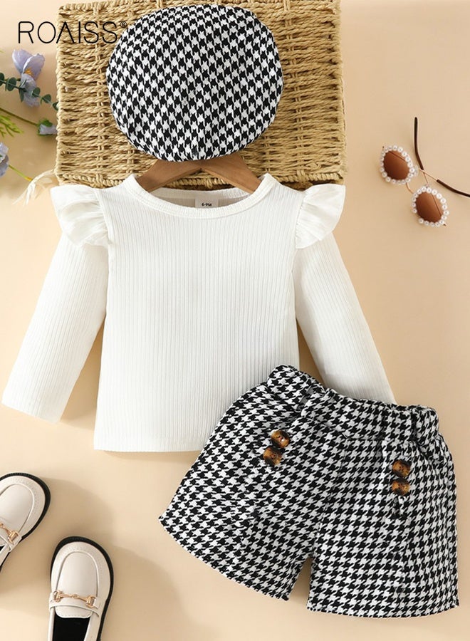 roaiss 3PCS Baby Girl Clothes Set, Stylish Outfit with Bowknot Top, Plaid Shorts and Beret, Long Sleeve Top and Short Pants Set with Hat, Suitable for Wedding Ceremonies, Performances and Outdoor Activities - Image 1