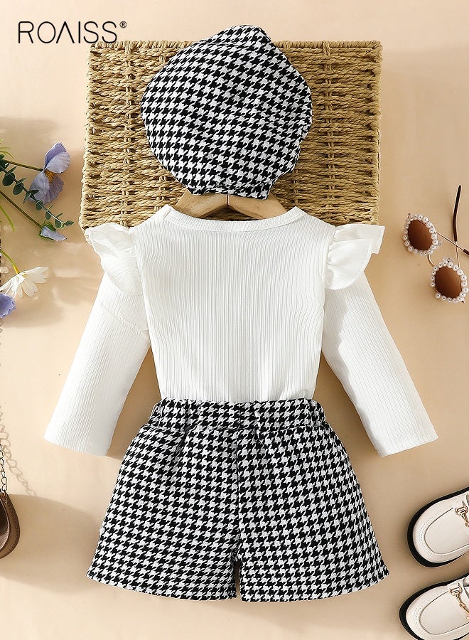 roaiss 3PCS Baby Girl Clothes Set, Stylish Outfit with Bowknot Top, Plaid Shorts and Beret, Long Sleeve Top and Short Pants Set with Hat, Suitable for Wedding Ceremonies, Performances and Outdoor Activities - Image 2