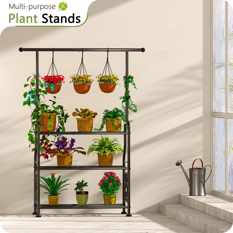 GIOTORENT Plant Stand Indoor, 3-Tier Heavy Duty Metal Shelf for Patio & Indoor, Tall Plant Holds 14+ Plants with 5 Hooks, Rust-Proof Plant Holder for Garden, Balcony, Living Room, Black - Image 2