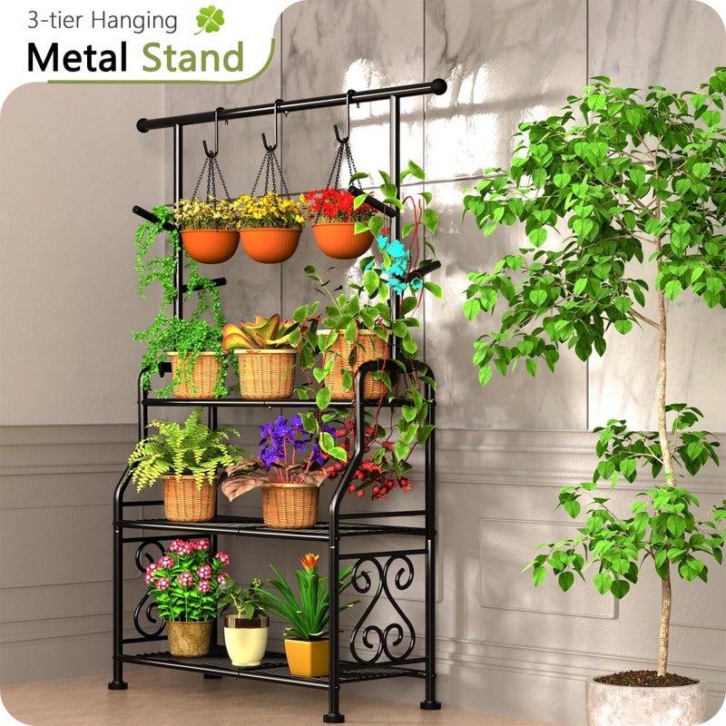 GIOTORENT Plant Stand Indoor, 3-Tier Heavy Duty Metal Shelf for Patio & Indoor, Tall Plant Holds 14+ Plants with 5 Hooks, Rust-Proof Plant Holder for Garden, Balcony, Living Room, Black - Image 4