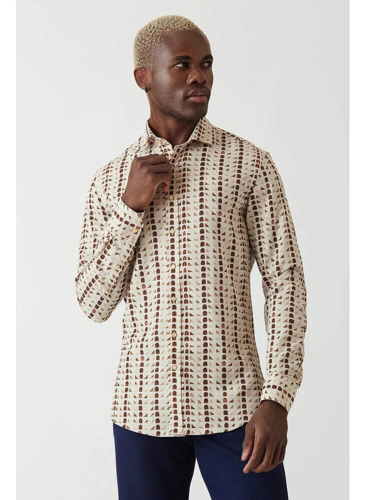 Bisse Men's Slim Fit Long Sleeve Patterned Sports Shirt BROWN GM22Y221152_E11
