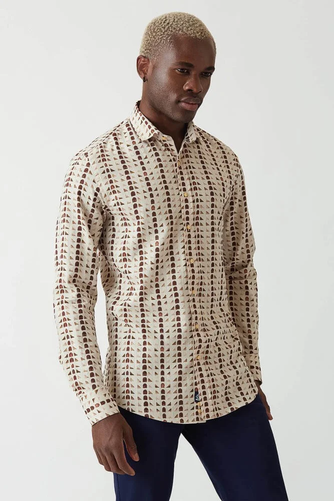 Bisse Men's Slim Fit Long Sleeve Patterned Sports Shirt BROWN GM22Y221152_E11