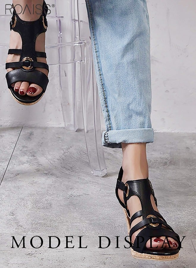 رويس صنادل نسائية مريحة وجيدة التهوية بكعب عالٍ ومتعددة الاستخدامات وعصرية، صنادل مفتوحة من الأمام، مقاومة للانزلاق والتآكل، صنادل سعودية مجوفة سوداء اللون، مناسبة للعطلات اليومية - Image 4