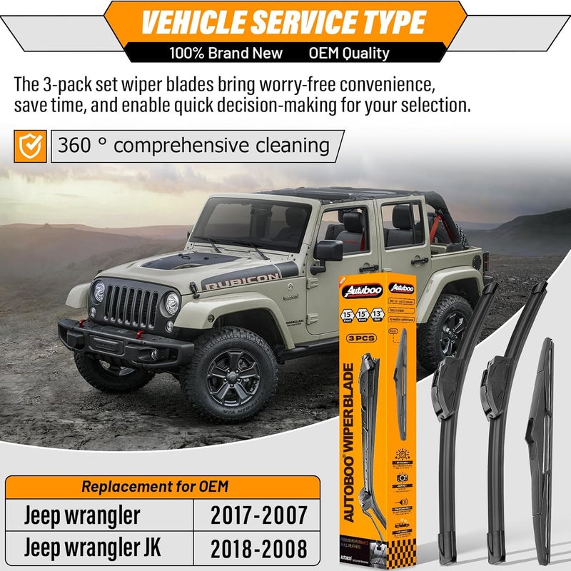 AUTOBOO 15"+15" Windshield Wipers with 13 Inch Rear Wiper Blade Replacement for Jeep wrangler JK 2008-2018,Jeep wrangler 2007-2017-Original Factory Quality (Pack of 3) - Image 2