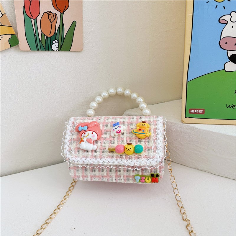 Kids Chain Strap Shoulder Bag for Autumn Winter Pink plaid 