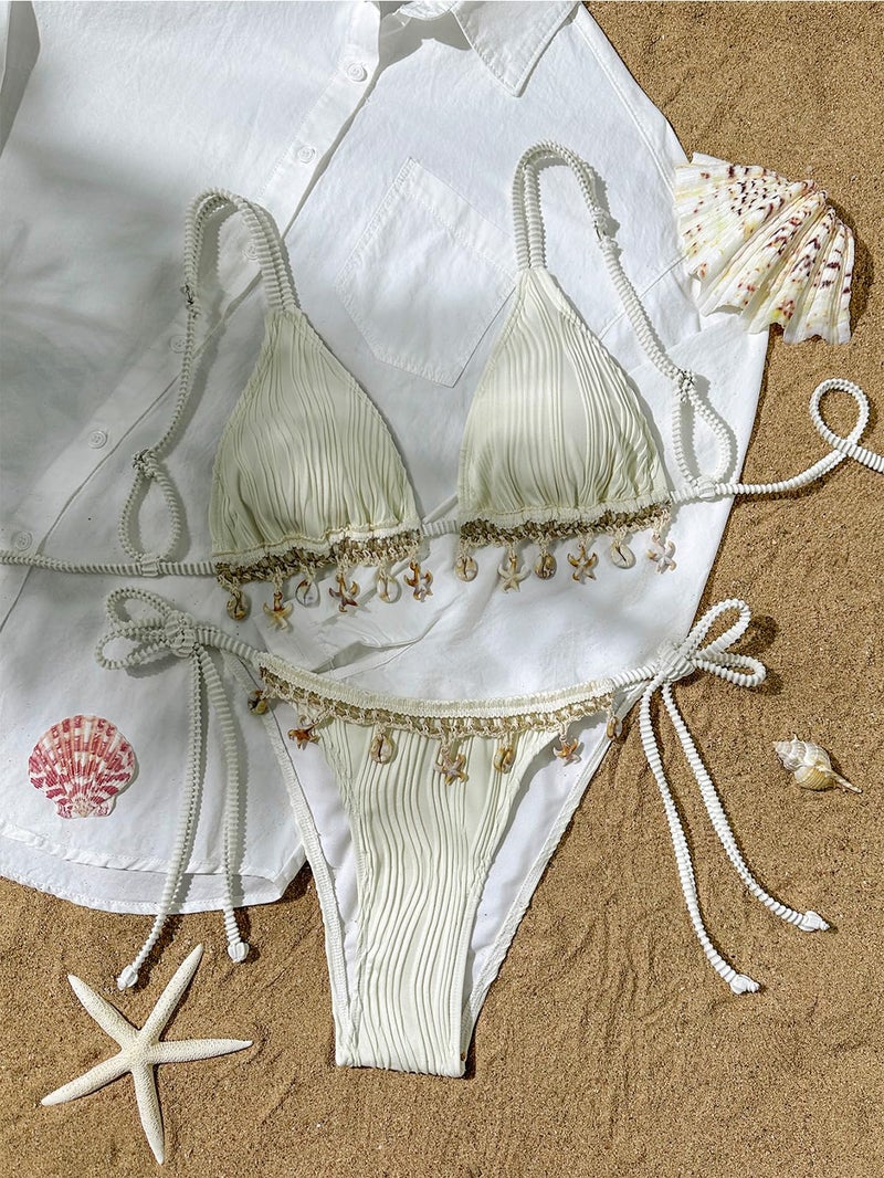 BIKINX Triangle Bikini Sets for Women Seashell Halter Swimsuit Tie Back Two Piece Bathing Suit String Swimwear Beige - Image 4