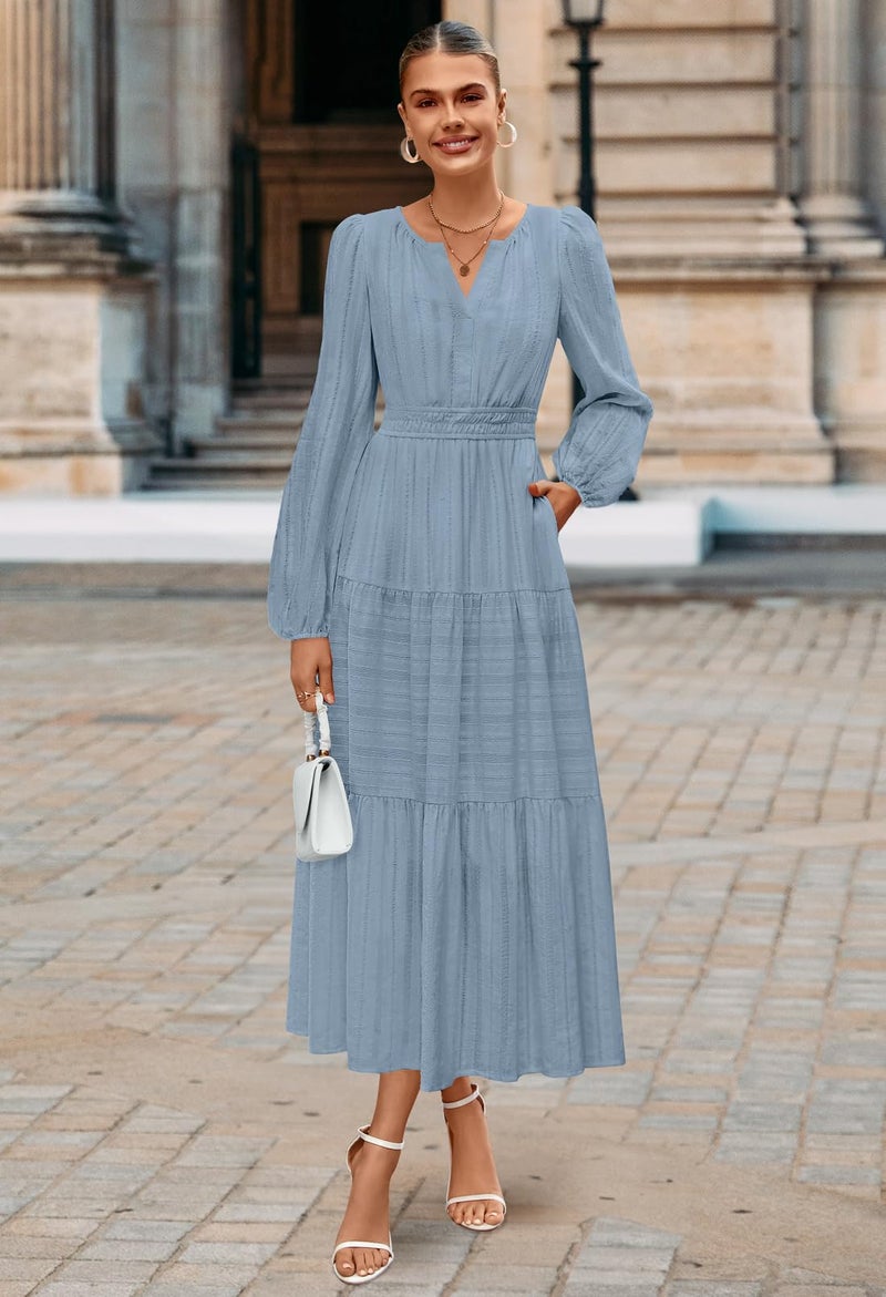 MEROKEETY Winter Spring Midi Dresses for Women 2026 Casual Vacation Long Sleeve V Neck Tiered Cotton Maxi Dress Pockets, Dustyblue, XX-Large - Image 5