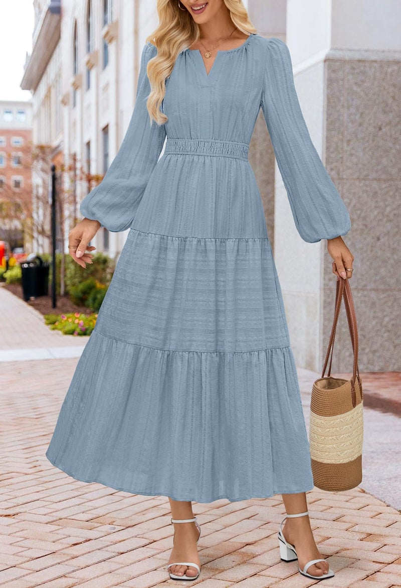 MEROKEETY Winter Spring Midi Dresses for Women 2026 Casual Vacation Long Sleeve V Neck Tiered Cotton Maxi Dress Pockets, Dustyblue, XX-Large - Image 2