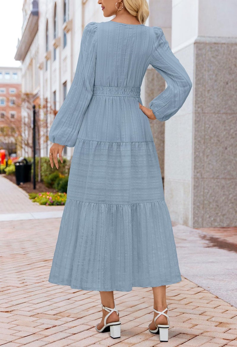 MEROKEETY Winter Spring Midi Dresses for Women 2026 Casual Vacation Long Sleeve V Neck Tiered Cotton Maxi Dress Pockets, Dustyblue, XX-Large - Image 3