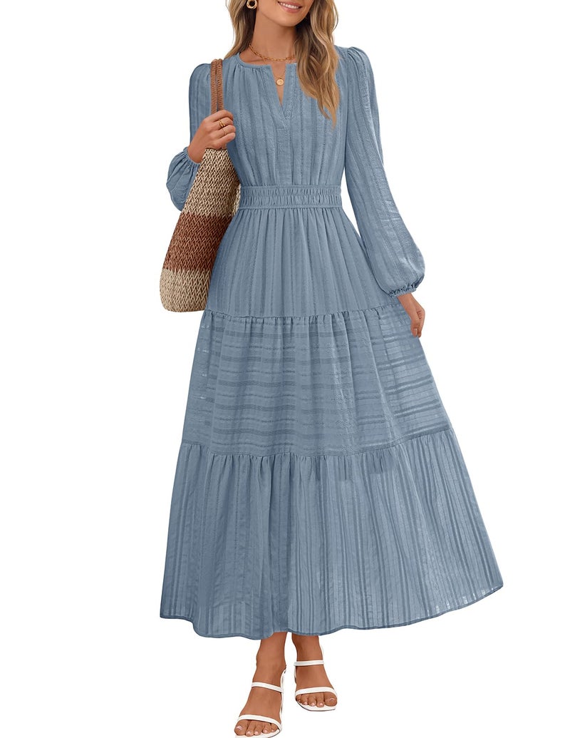 MEROKEETY Winter Spring Midi Dresses for Women 2026 Casual Vacation Long Sleeve V Neck Tiered Cotton Maxi Dress Pockets, Dustyblue, XX-Large - Image 1