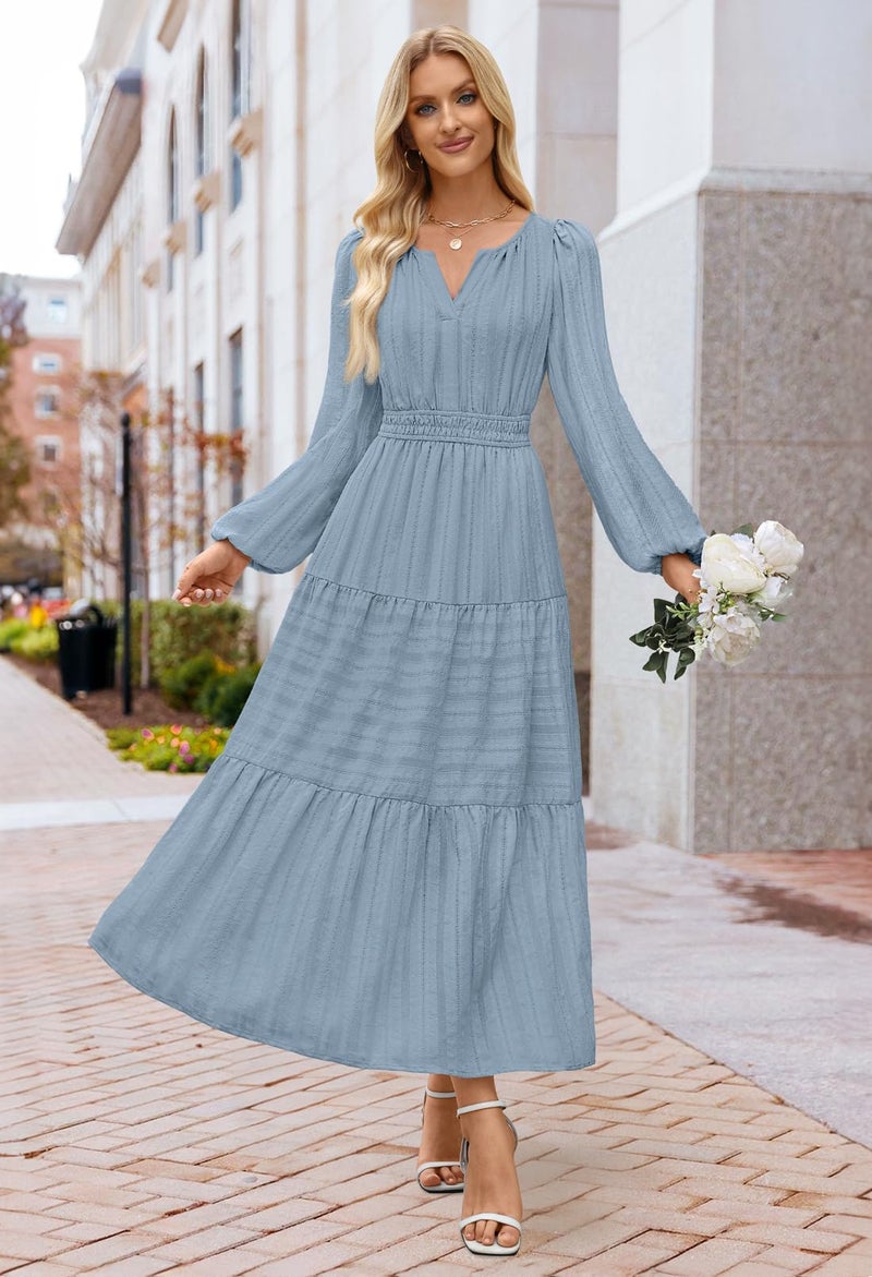 MEROKEETY Winter Spring Midi Dresses for Women 2026 Casual Vacation Long Sleeve V Neck Tiered Cotton Maxi Dress Pockets, Dustyblue, XX-Large - Image 4