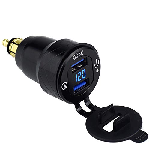 Cllena DIN Hella Plug to Dual Quick Charge 3.0 USB Charger Adapter with LED Voltmeter for BMW Motorcycle (Blue) - Image 1