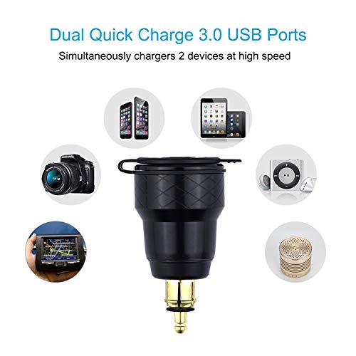 Cllena DIN Hella Plug to Dual Quick Charge 3.0 USB Charger Adapter with LED Voltmeter for BMW Motorcycle (Blue) - Image 2