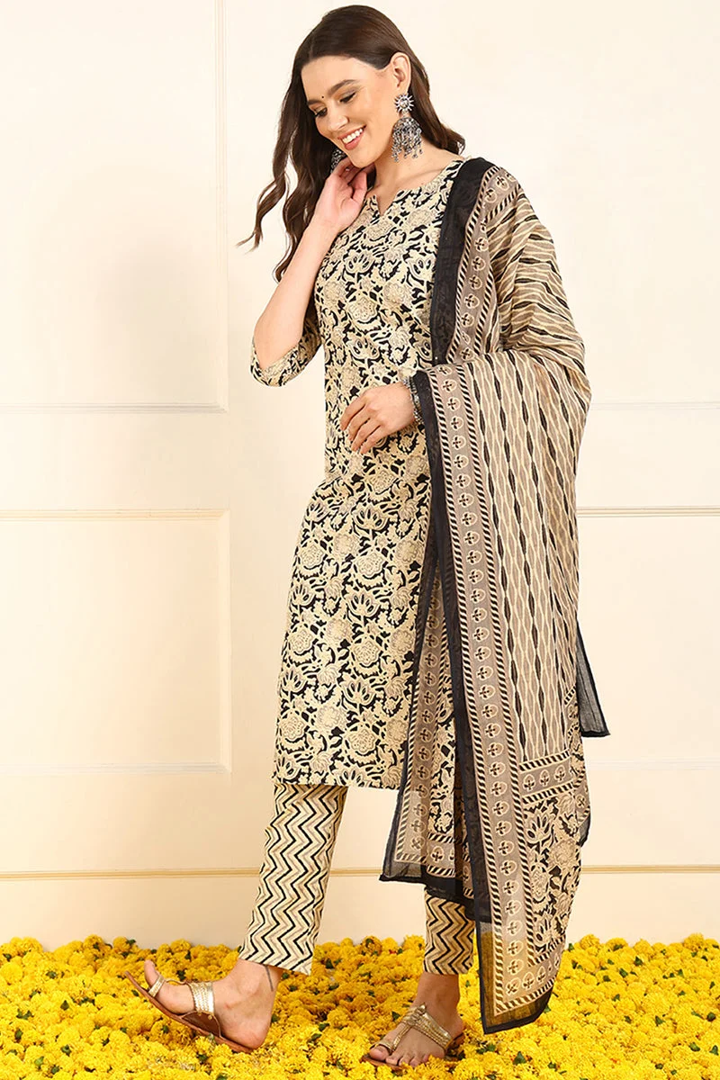 ZERESOUQ Black Pure Cotton Floral Printed Straight 3-Piece Kurta Set