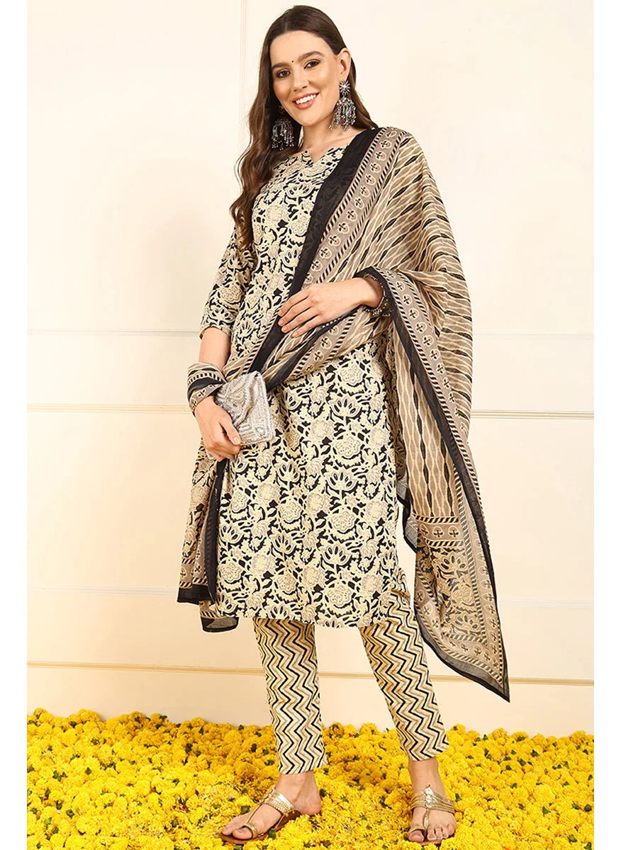زيري سوق Black Pure Cotton Floral Printed Straight 3-Piece Kurta Set