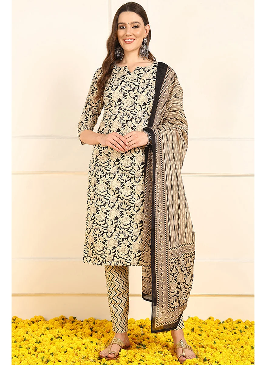 زيري سوق Black Pure Cotton Floral Printed Straight 3-Piece Kurta Set