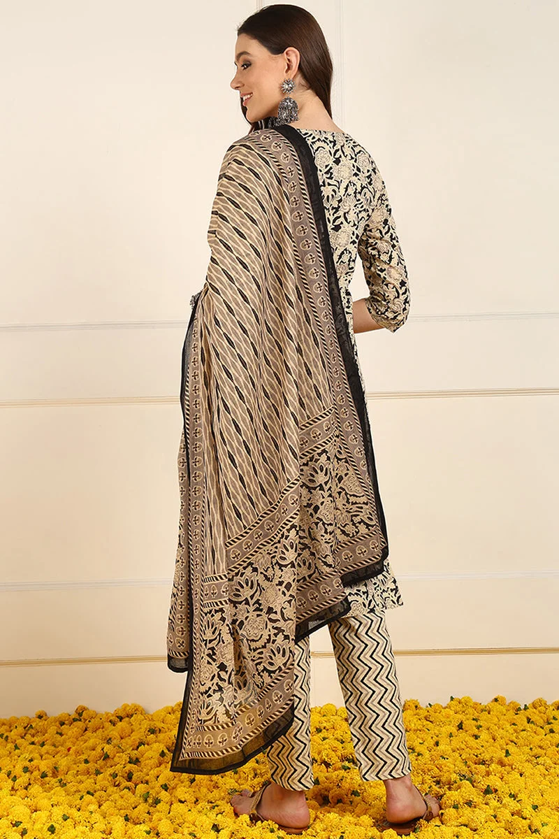 ZERESOUQ Black Pure Cotton Floral Printed Straight 3-Piece Kurta Set
