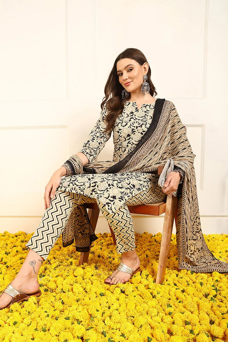 ZERESOUQ Black Pure Cotton Floral Printed Straight 3-Piece Kurta Set