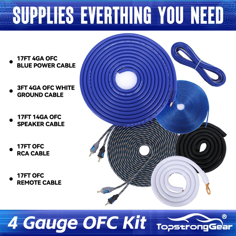 TOPSTRONGGEAR 4 Gauge OFC Amp Kit Car Audio Amplifier Wiring Install Kit with RCA Cables, 150A Fuse, 17FT Power Cable â€“ 4 OFC Complete Subwoofer Installation Kit for Car, Truck, Marine Stereo Systems - Image 2