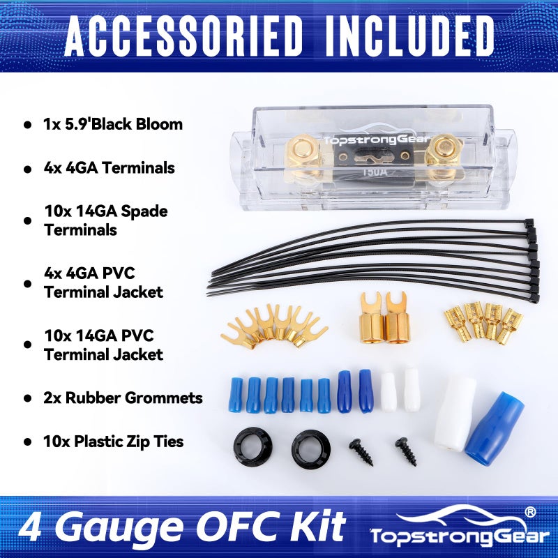 TOPSTRONGGEAR 4 Gauge OFC Amp Kit Car Audio Amplifier Wiring Install Kit with RCA Cables, 150A Fuse, 17FT Power Cable â€“ 4 OFC Complete Subwoofer Installation Kit for Car, Truck, Marine Stereo Systems - Image 3
