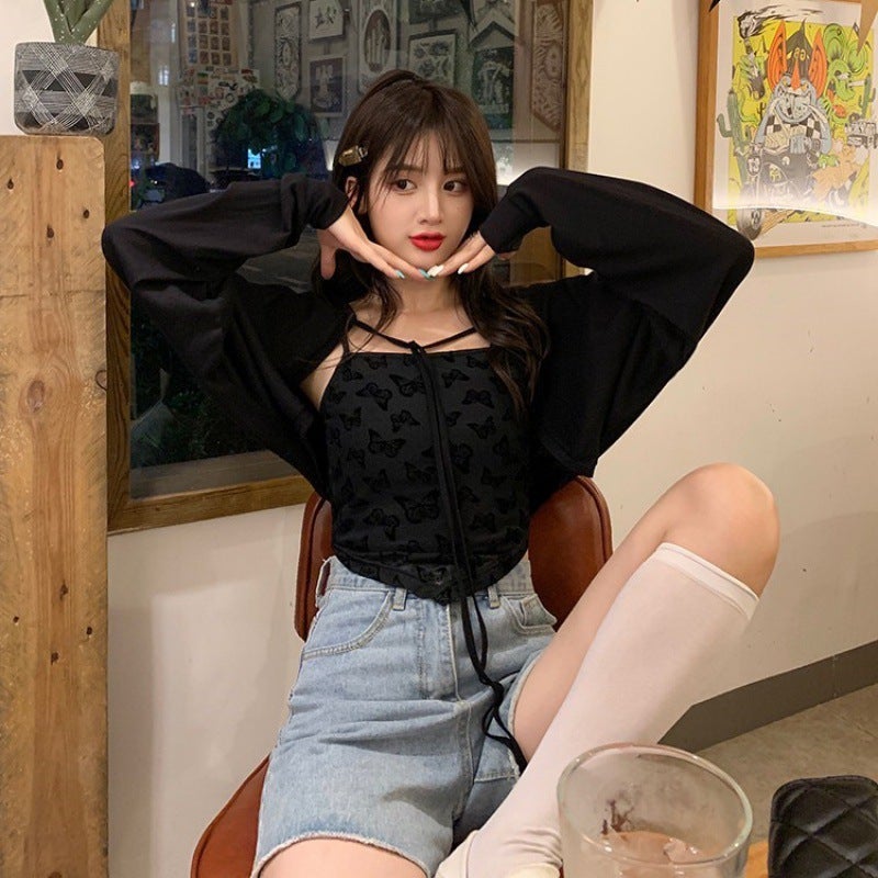 Black knitted cardigan coat womens autumn thin outer shawl long sleeve blouse short small waistcoat sun protection top Black blouse - Image 1