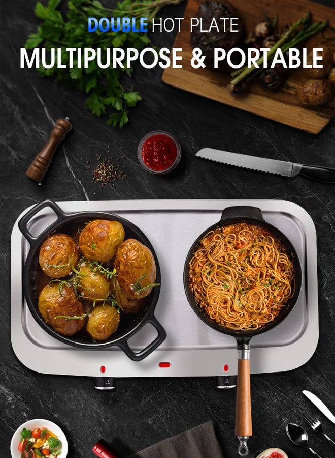 DSP Electric Hot Plate,2500W Countertop Double Cast Iron Burner,Adjustable Temperature Controls,Indicator Lights and Easy to Clean Cooking Stove for Kitchen,Dorm and Camping,KD4057,Silver - Image 3