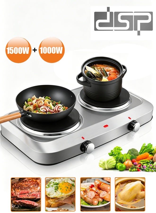 DSP Electric Countertop Double Burner,2500W Cooktop with 7.28" and 6.10" Cast Iron Hot Plates,Adjustable Temperature Controls,Portable Cooking Stove and Easy to Clean Stainless Steel Base,Compatible for All Cookwares,KD4057,Silver - Image 1