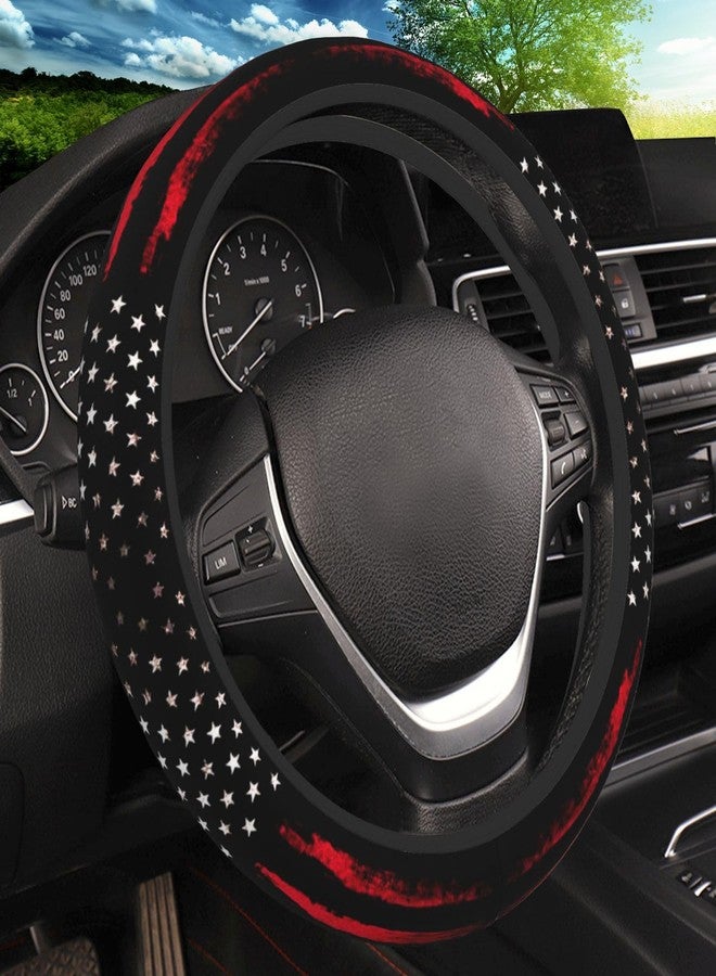KARREAL Red Black American Flag Elastic Steering Wheel Cover, Non-slip Breathable Neoprene Steering Wheel Covers, Men Car Accessories, Universal 15 Inch Fit Auto, Suvs, Truck - Image 1