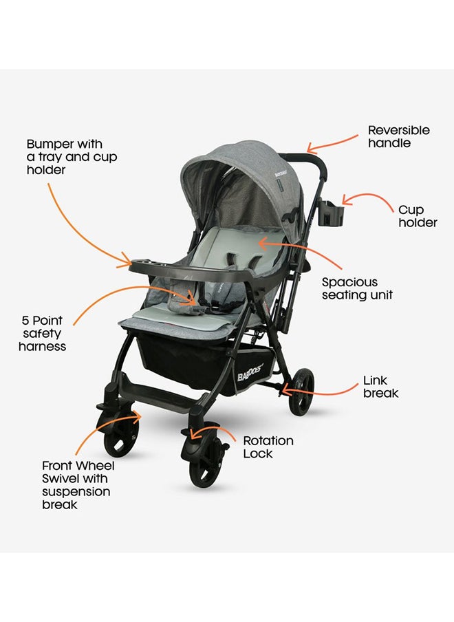 BABYDOES ELLOZ+ Baby Stroller with Reversible Handle 5-point safety harness And Easy One-Hand Fold Lockable Wheels 0 To 4 Year Up To 20 Kg Grey  - Image 2