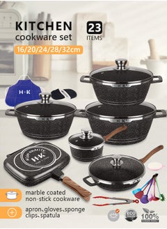 HK 23-piece kitchen cookware set, casserole set and frying pan, with non-stick cookware set, glass lid, PFOA-free 16cm mMilk Pan + 20-24-28cm Casserole + 28cm Wok + 32cm Double-sided Frying pan + 10 Kichen item(Black）  - Image 1