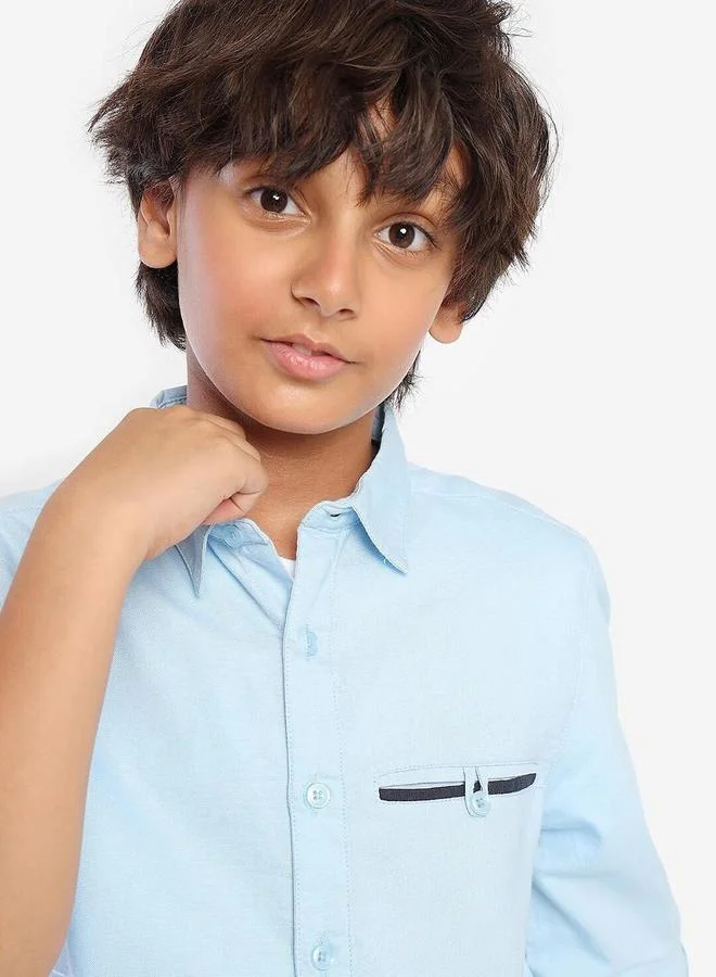Bonkids Regular Long Sleeve Printed Blue Cotton Shirt 100 % Cotton