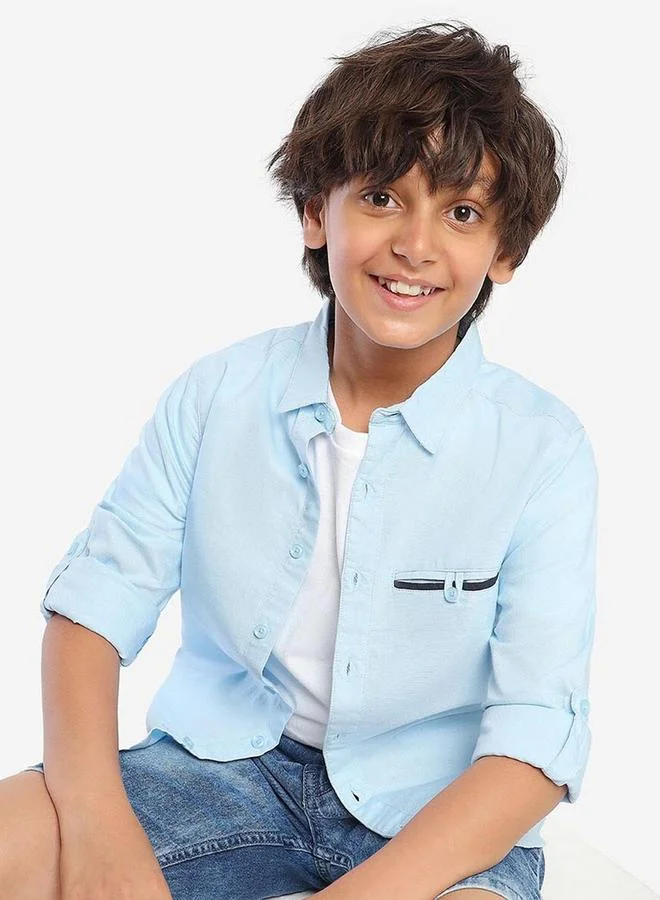Bonkids Regular Long Sleeve Printed Blue Cotton Shirt 100 % Cotton