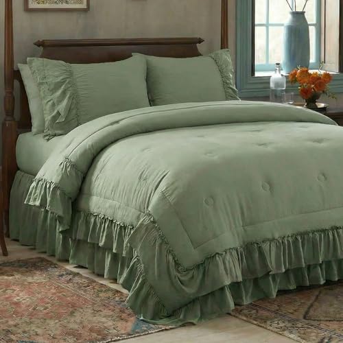 Bedding_Dreamer Avocado Green Ruffle Comforter Set King, 3 Pieces Shabby Chic Farmhouse Bedding, Soft Microfiber Comforter with Matching Shams, All Season - Image 1