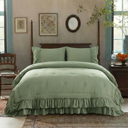 Bedding_Dreamer Avocado Green Ruffle Comforter Set King, 3 Pieces Shabby Chic Farmhouse Bedding, Soft Microfiber Comforter with Matching Shams, All Season - Image 2