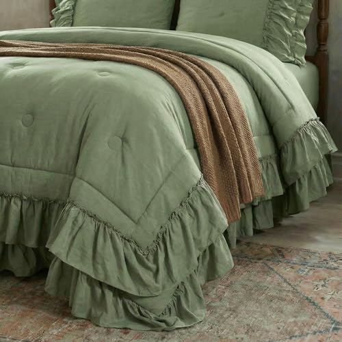 Bedding_Dreamer Avocado Green Ruffle Comforter Set King, 3 Pieces Shabby Chic Farmhouse Bedding, Soft Microfiber Comforter with Matching Shams, All Season - Image 5