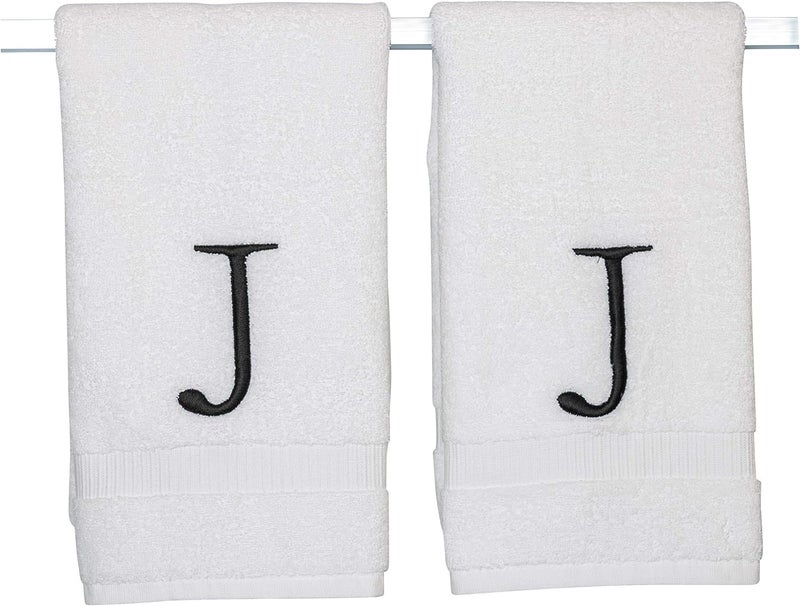 Decorvo Black Letter Hand Towel for Bathroom - Monogrammed Initial Hotel Quality Decorative Embroidered Towel for Powder Room  Spa - GOTS Organic Certified - Set of 2 Letter J  - Image 1
