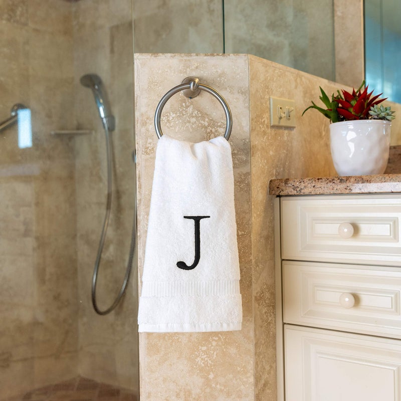 Decorvo Black Letter Hand Towel for Bathroom - Monogrammed Initial Hotel Quality Decorative Embroidered Towel for Powder Room  Spa - GOTS Organic Certified - Set of 2 Letter J  - Image 5