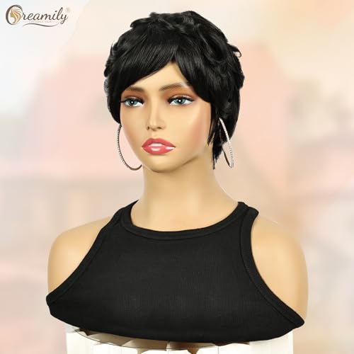 Creamily Short Layered Black Pixie Wigs for Women,Natural Hair Wig Pixie Cut Wigs with Bangs Synthetic Short Hair Replacement Wig for Chemo Patient Cosplay Daily Use (Black, 9 inches) - Image 5