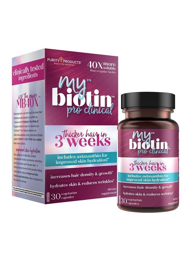 Purity Products MyBiotin ProClinical – شعر أكثر كثافة في 3 أسابيع ويقاوم التجاعيد - مصفوفة البيوتين الحاصلة على براءة اختراع MB40X مع أستازانتين - قابل للذوبان أكثر بـ 40 مرة من البيوتين العادي - الشعر والبشرة والأظافر - 30 كبسولة نباتية - Image 1